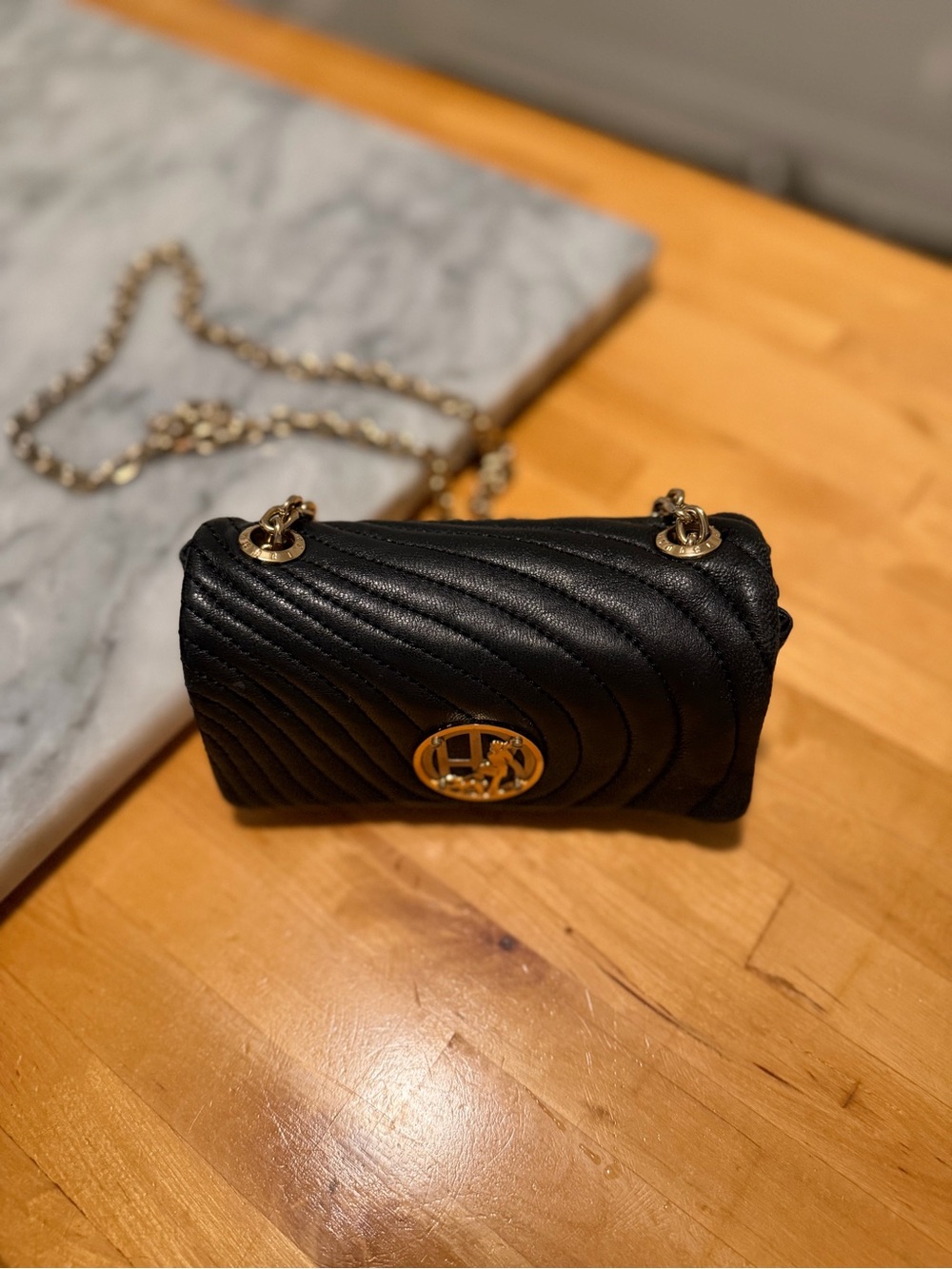 henri bendel Black Quilted Mini Crossbody with Gold Chain